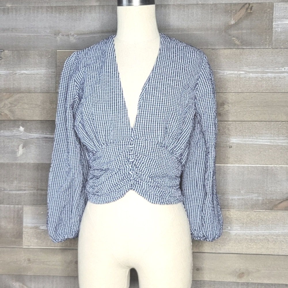 Zara White and Blue Gingham Seersucker Check Deep V-Neck Button Flutter …